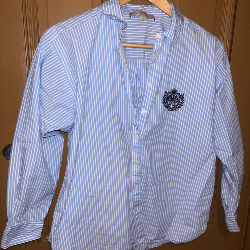 LOFT Light Blue Striped Shirt with Crest